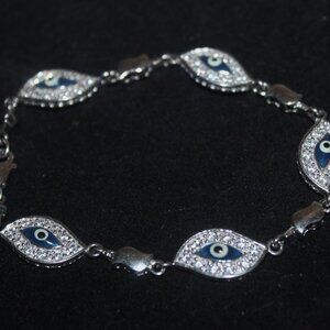 New 925 Sterling Sapphire & Sparkling Cz's Stones Evil Eye Lucky Bracelet